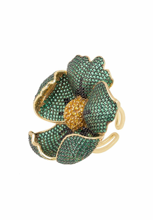 Premium Poppy Flower Green Ring Gold